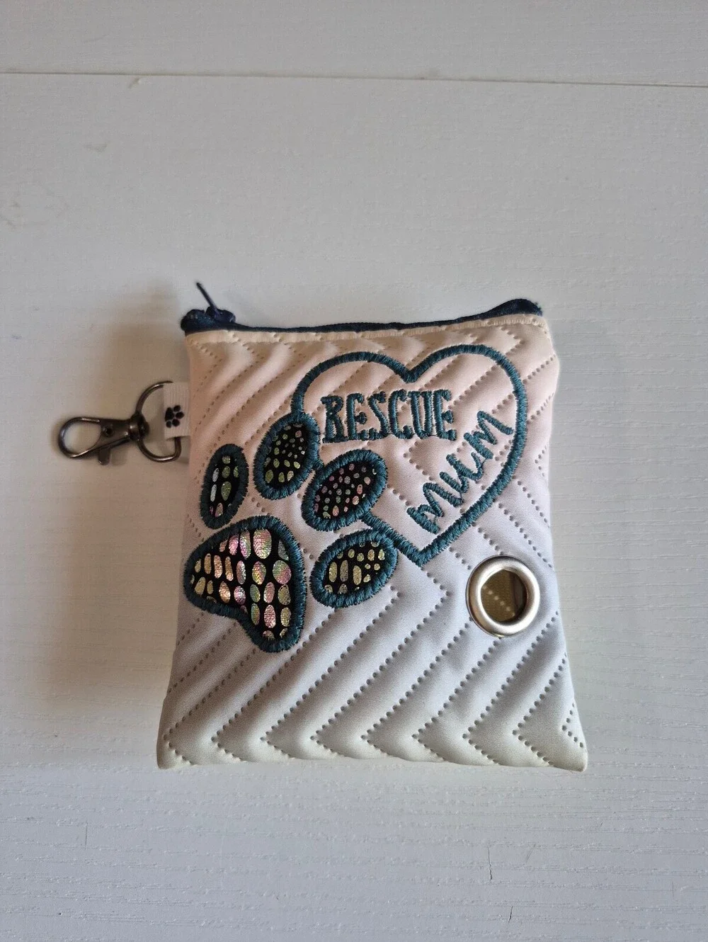 Embroidered rescue mum and dog paw print dog poop bag with gormmet and clasp